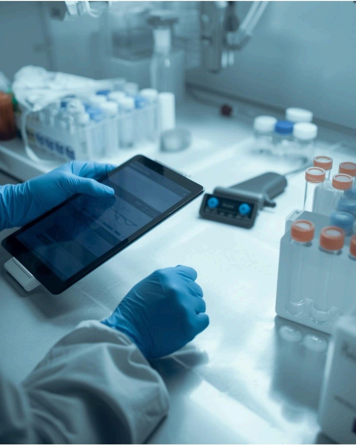 Clinical genomics lab workflow with sample racks and barcode tracking