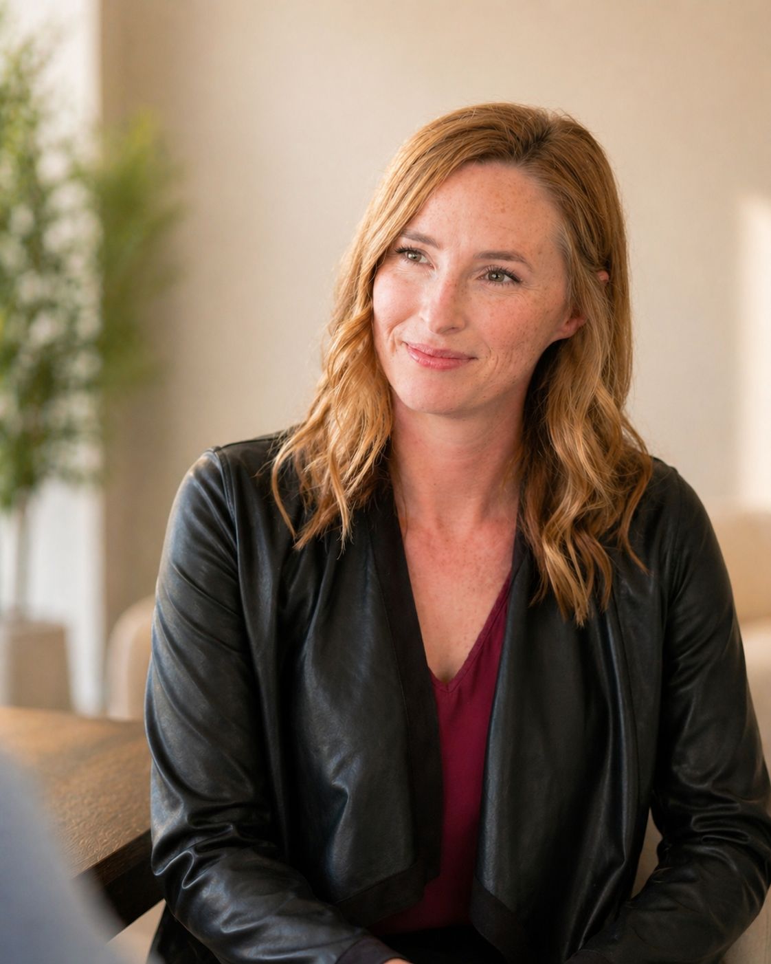 Megan Blanchard in a black leather jacket smiling during a conversation
