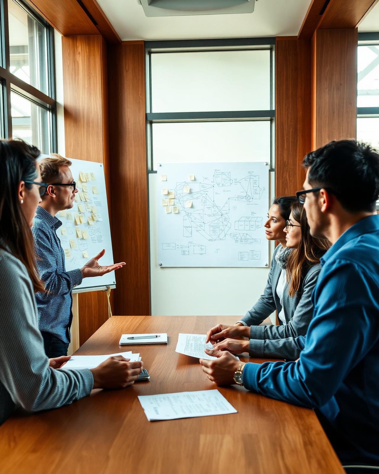 Cross-functional team in a working session, gathered around a conference table discussing a system architecture diagram on a whiteboard